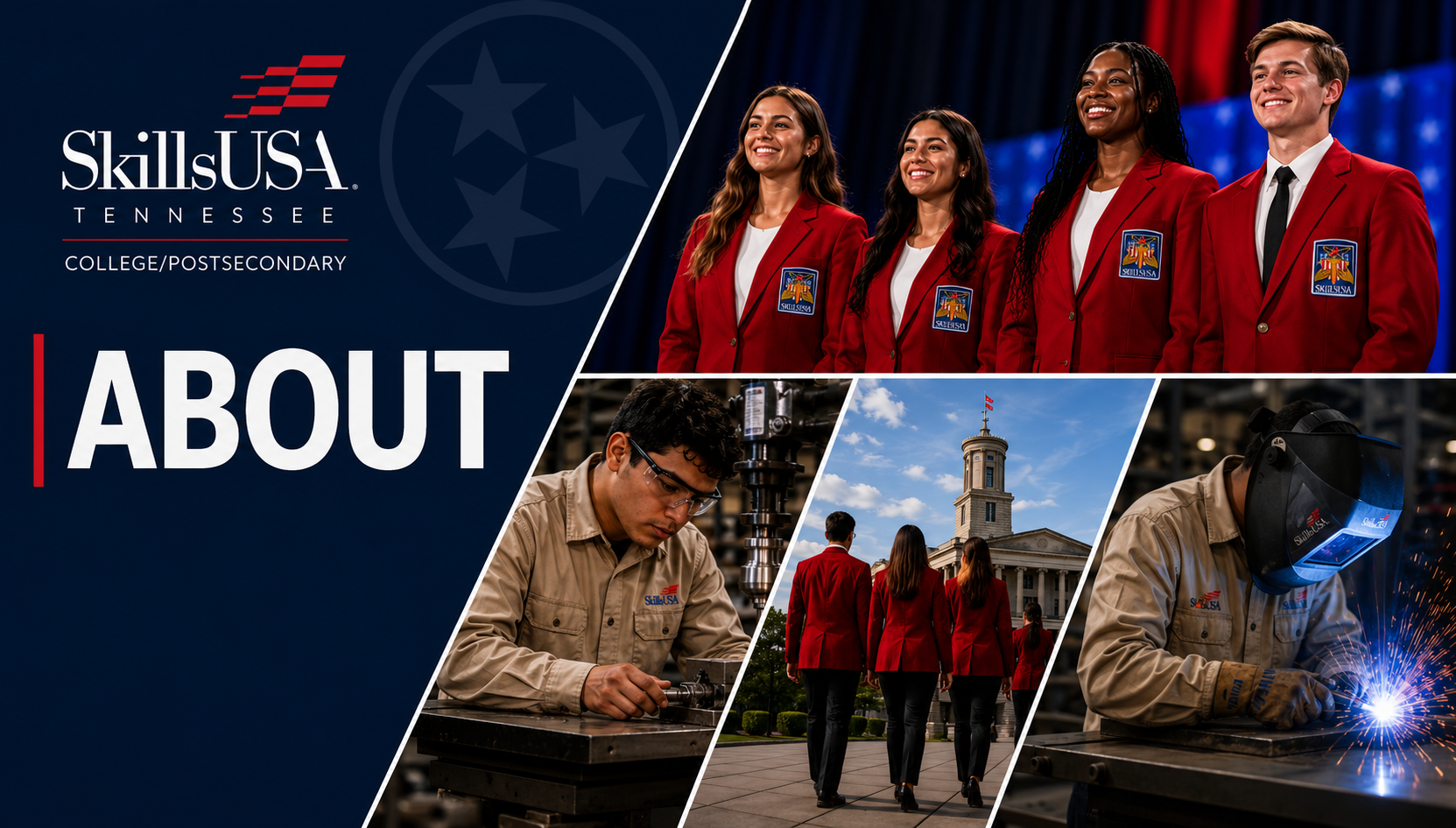 SkillsUSA Tennessee College/Postsecondary members demonstrating leadership, technical education, workforce preparation, and career success across Tennessee.
