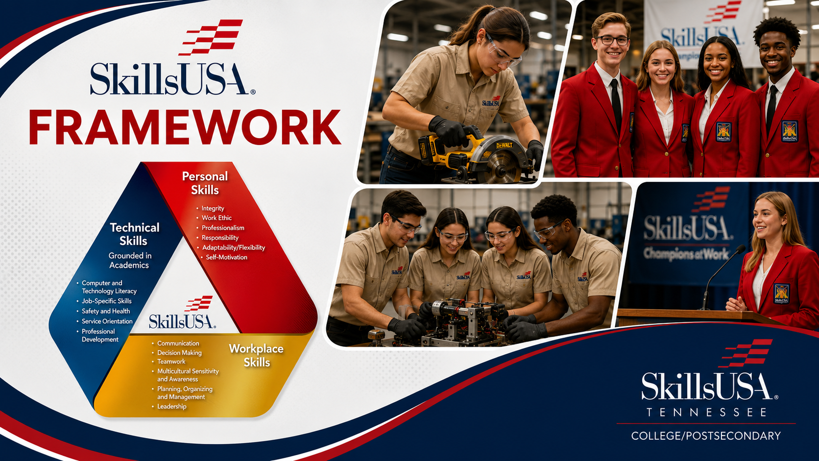 SkillsUSA Framework banner highlighting leadership, technical education, and career readiness.
