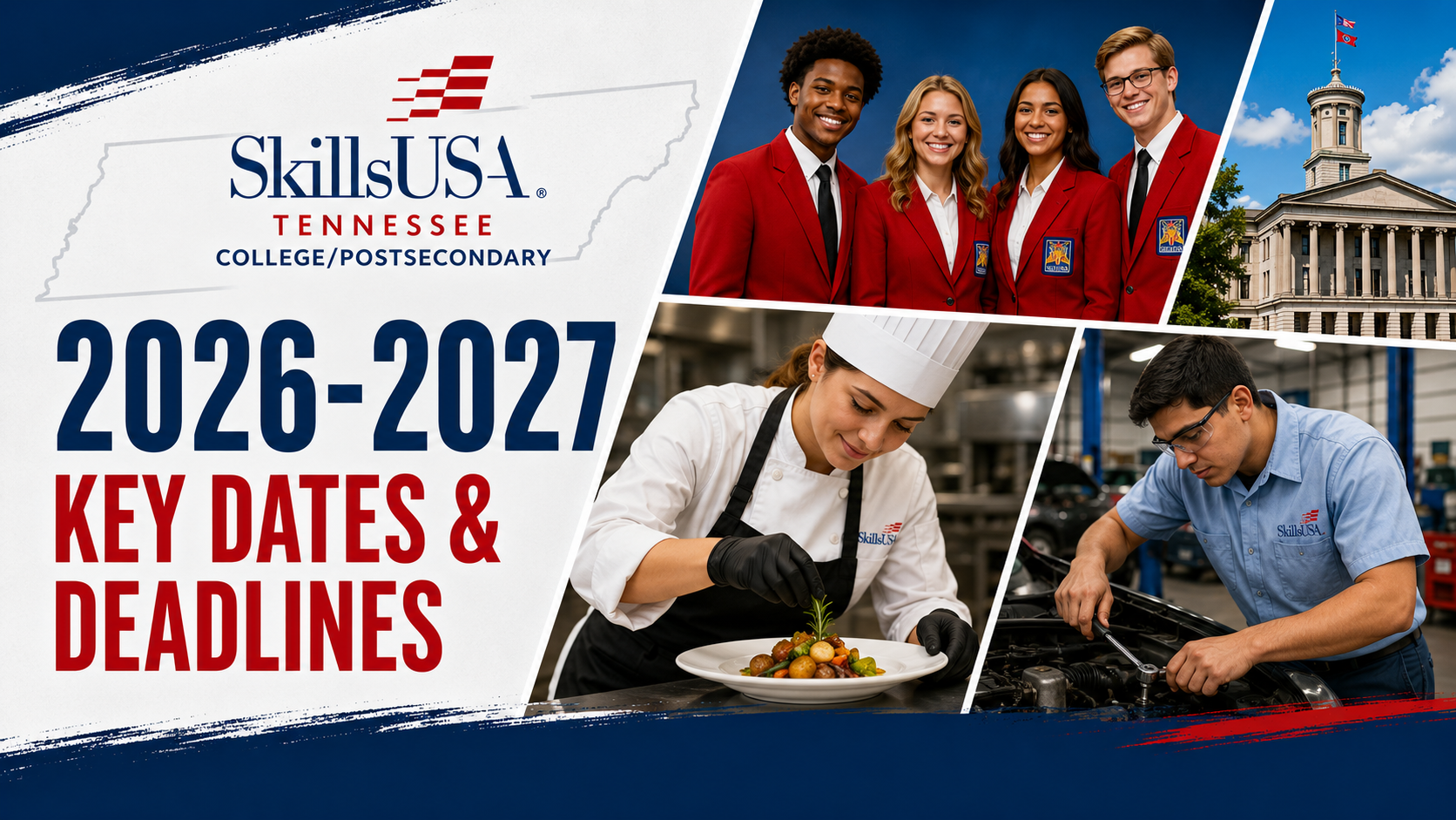 SkillsUSA Tennessee College/Postsecondary key dates and deadlines banner highlighting the annual program calendar.