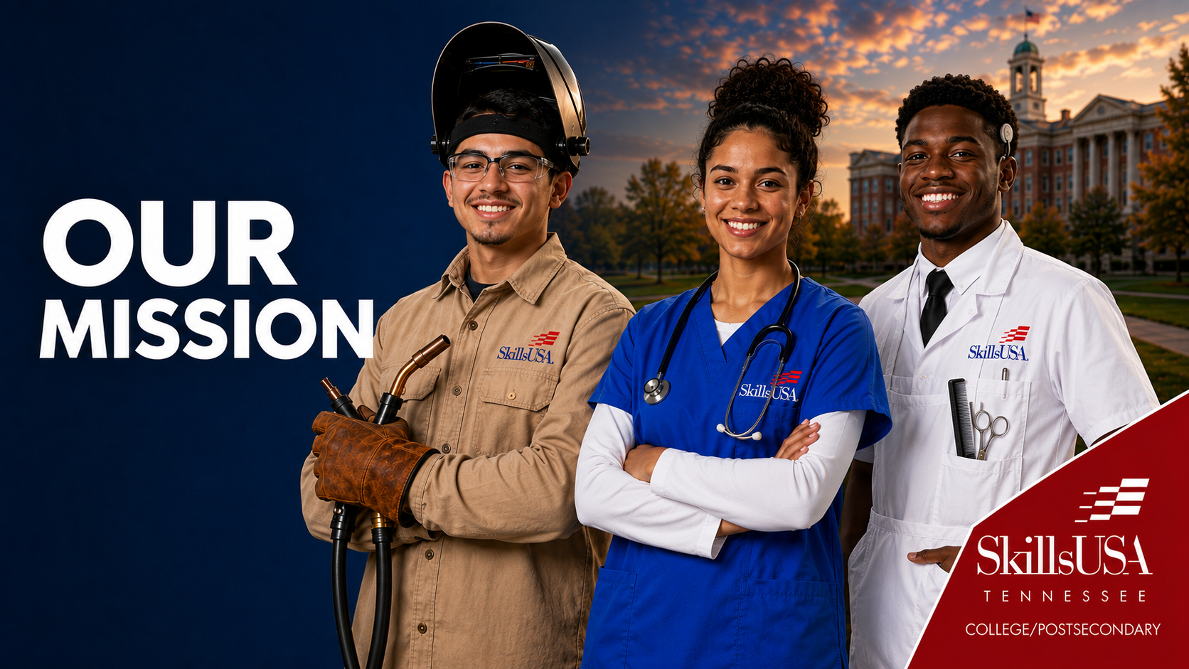 SkillsUSA Tennessee College/Postsecondary members representing skilled trades, healthcare, and student leadership on a college campus.