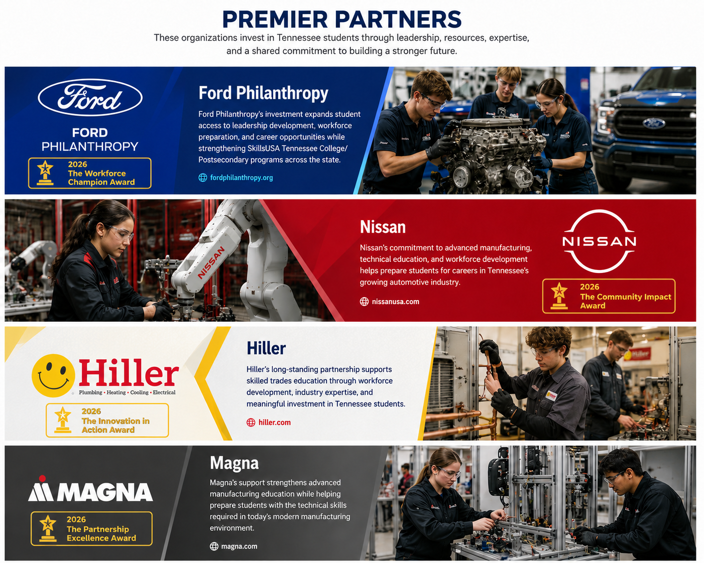 Premier Partners: Ford Philanthropy, Nissan, Hiller, and Magna